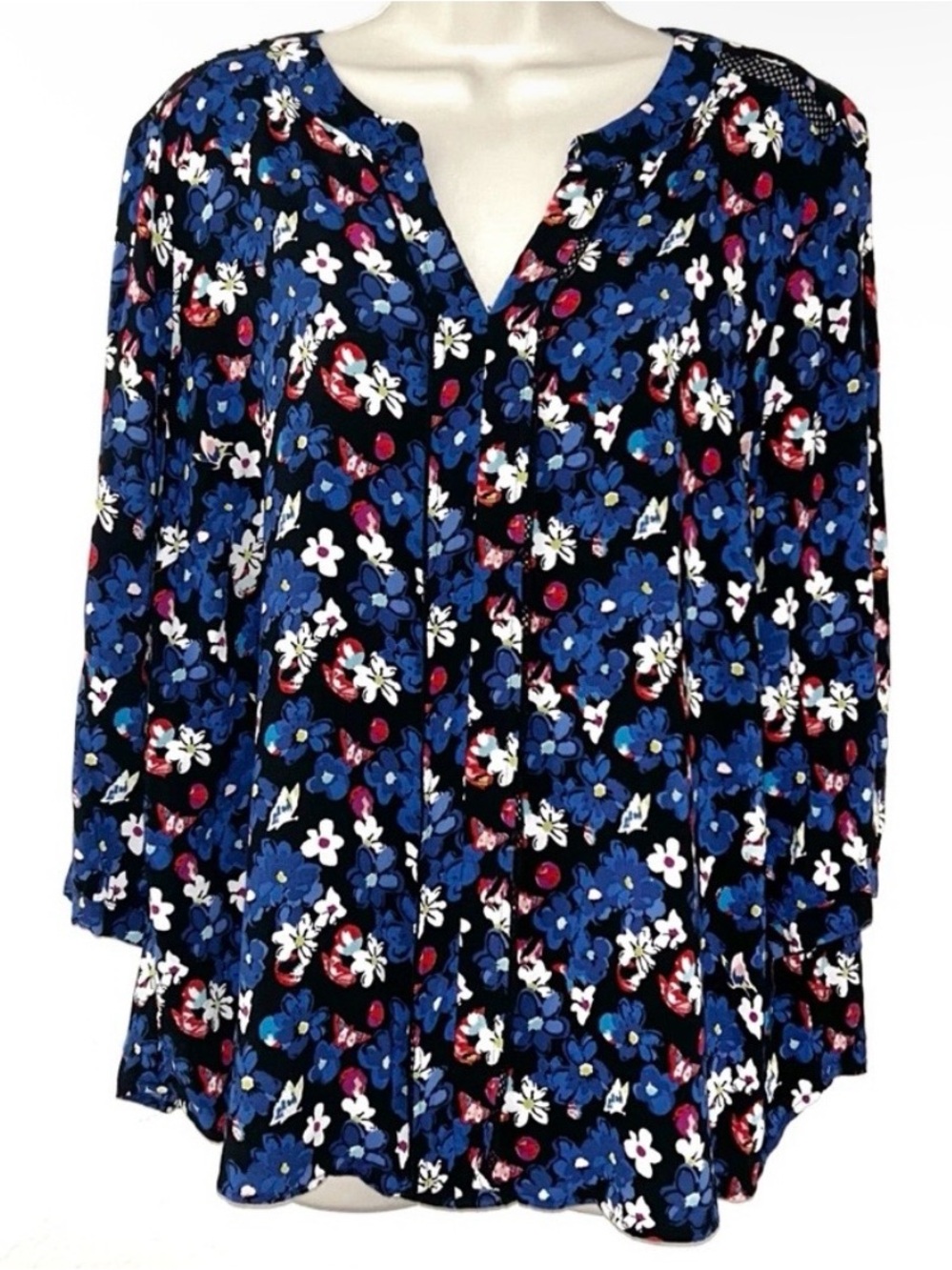 Talbots Black Floral V-Neck Blouse with Blue Accents